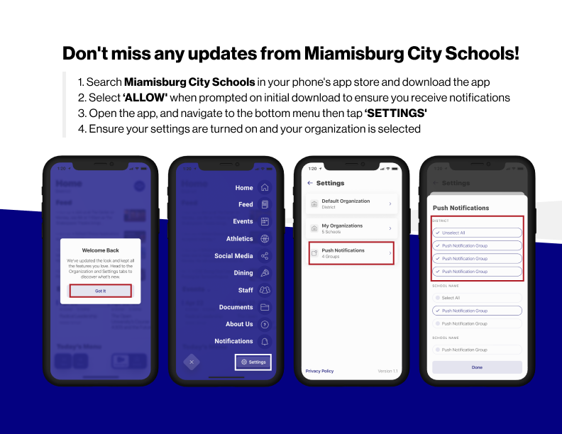 Four cell phone screens with details of how to download Miamisburg City Schools Rooms App